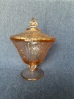 Vintage Federal Sharon Depression Pink Glass Cabbage Rose footed Candy Jar w/Lid