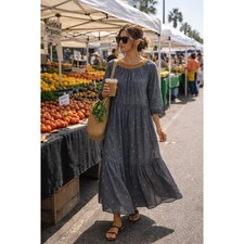 DOEN Embroidered Maxi Dress Womens Blue Excellent Smocked Cotton Gauze Floral