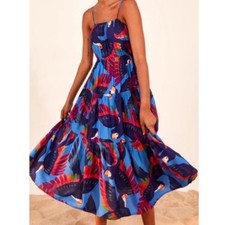 FARM Rio Rainbow Macaws Midi Dress Blue Multi Tropical Tiered NWT Size M