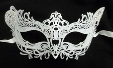 White Foxy Girl Laser Cut Venetian Masquerade Metal Filigree Fox Cat Mask Stones