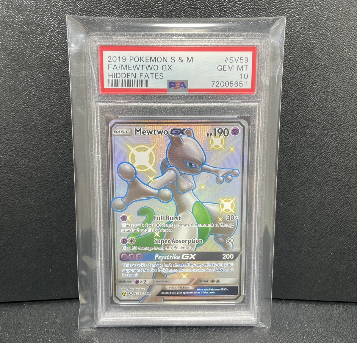 2019 Pokemon Mewtwo GX Hidden Fates SV59/SV94 Full Art PSA GEM