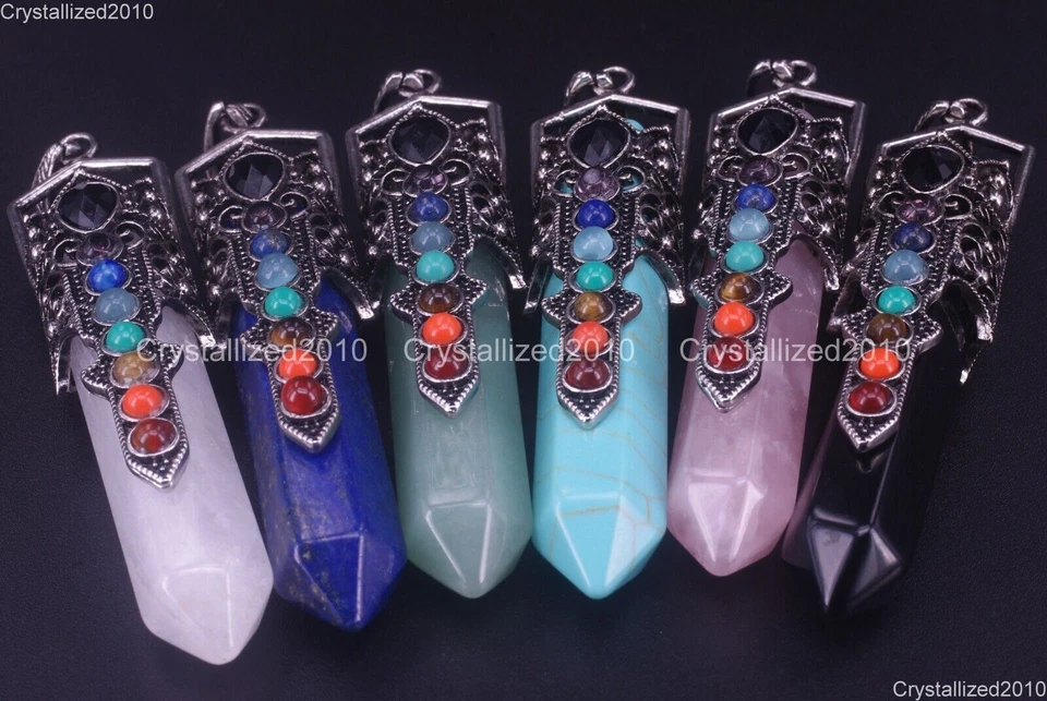 Perline con ciondolo esagonale con 7 pietre preziose naturali, scettro, in... - Immagine 2 di 4