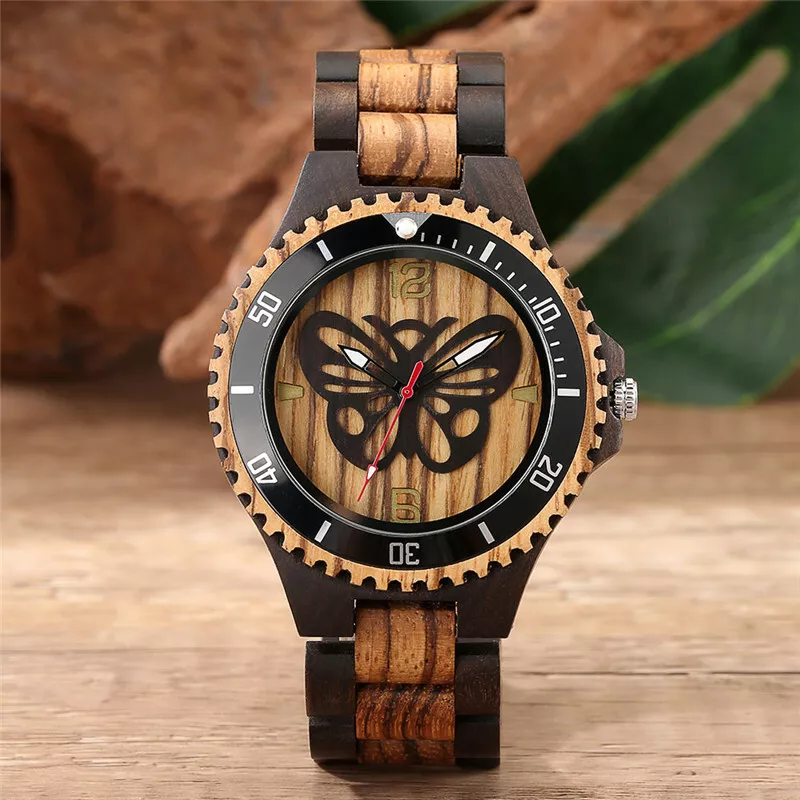 Luxury Butterfly Dial Natural Wood Watch Men Bamboo Quartz Watches Wooden Band
