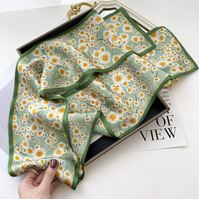 100% Pure Silk Double-Sided Long Scarf Green Floral Neckerchief 150x15cm Women