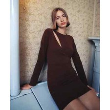 Zara NWOT Cut Out Pleated Dress - Brown / Size S