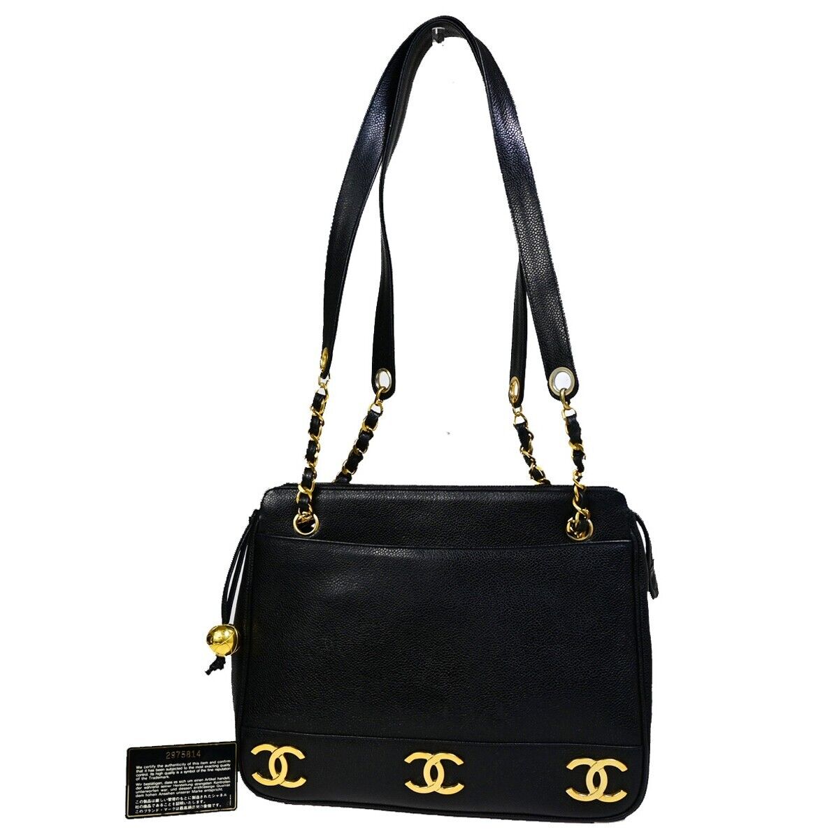 CHANEL Triple CC Logo Chain Shoulder Tote Bag Caviar Leather CHANEL Triple CC Logo Chain Shoulder Tote Bag Caviar Leather