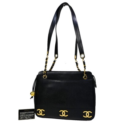 CHANEL Triple CC Logo Chain Shoulder Tote Bag Caviar Leather CHANEL Triple CC Logo Chain Shoulder Tote Bag Caviar Leather