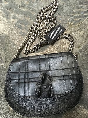 Post & Co Handcrafted Black Leather Crossbody Bag Chain Strap Croc Embossed NWT