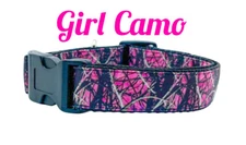 Camo dog collar handmade adjustable buckle 1" wide or leash Girly Pink