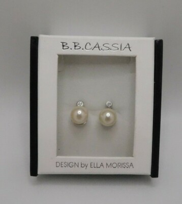 NIB Faux Pearl Clear Rhinestone Pierced Post Earrings B.B. Cassia /Ella Morissa 