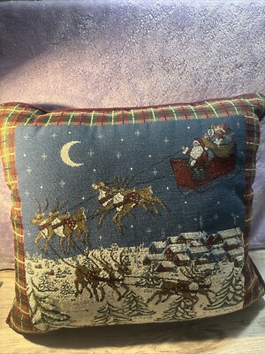 Christmas Needle Point Pillow Santa Sled Reindeer  16  X 14 