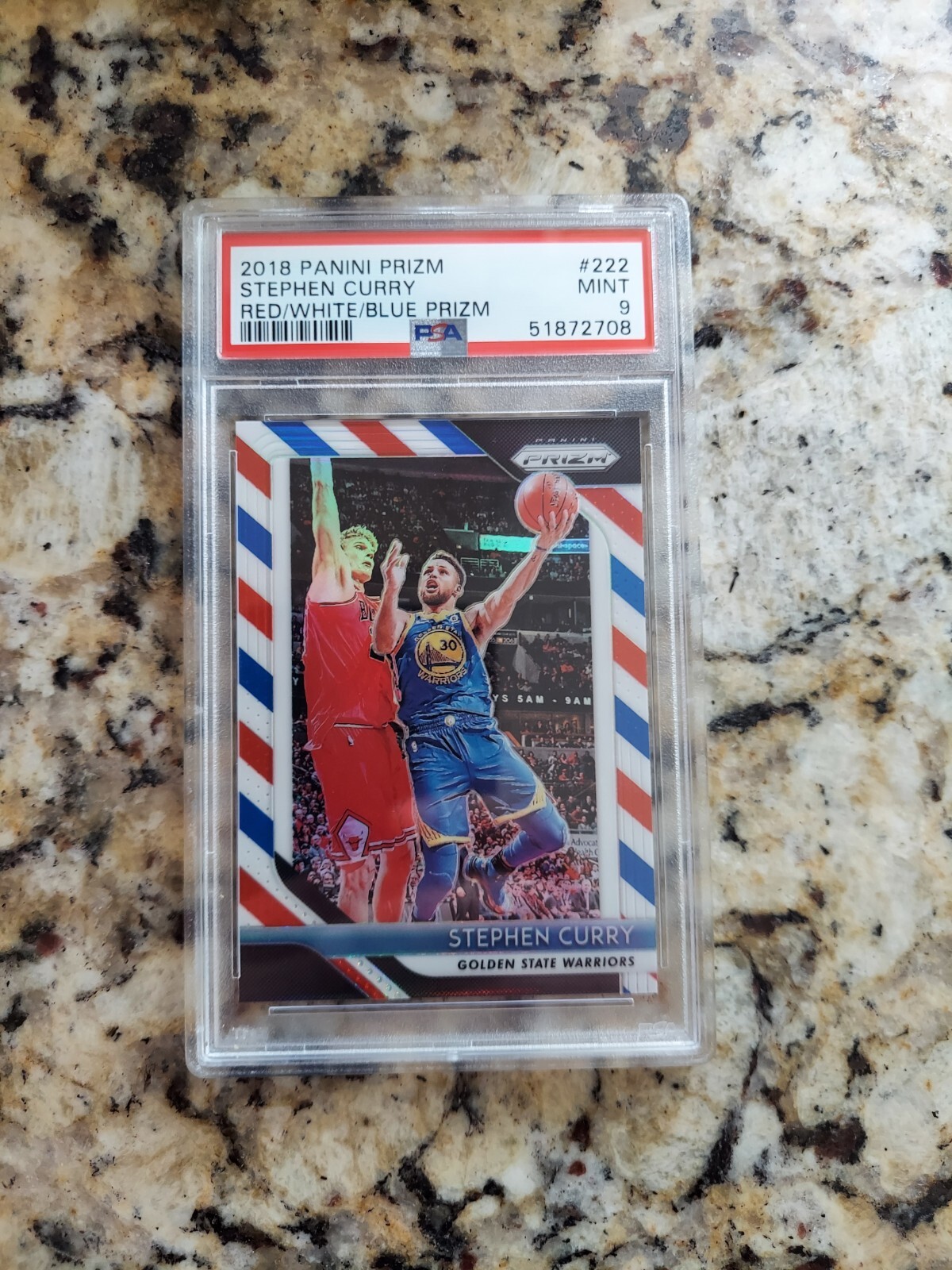 2018 Panini Prizm #222 Stephen Curry Red White Blue RWB PSA 9 MINT Warriors