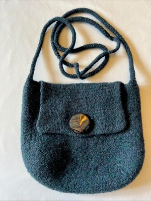 Handmade Boho Blue Wool Crossbody Bag Art Purse w/Iridescent Button
