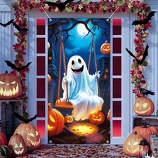 DERAYEE Halloween Door Cover, Cute Ghost Photography Backdrop Funny Pumpkin