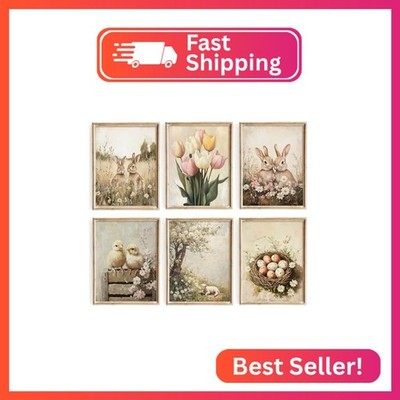 Easter Bunny Wall Art Vintage Rabbit Canvas Wall Decor Spring Flower Art Picture