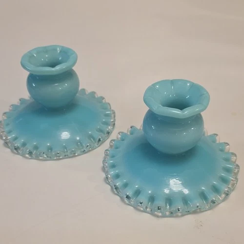pair of vintage Fenton Turquoise Silvercrest art glass candlestick