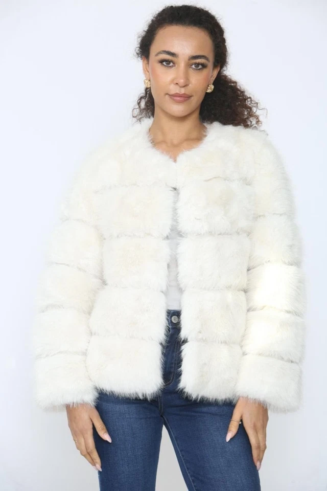 Women's Premium Faux Fur Coat Snowflakes Falling Faux Fur Jacket - Image 3 of 4