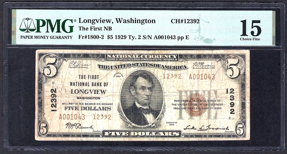 🇺🇸 WA 1929 $5 TYPE-2 ♚♚LONGVIEW, WASHINGTON♚♚ PMG CHOICE FINE 15 HARD TO FIND! - Image 2 of 3