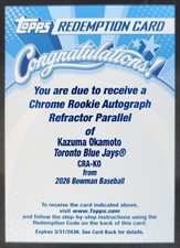 2026 Bowman Kazuma Okamoto Chrome Rookie Auto Refractor /499 RC Blue Jays PC5