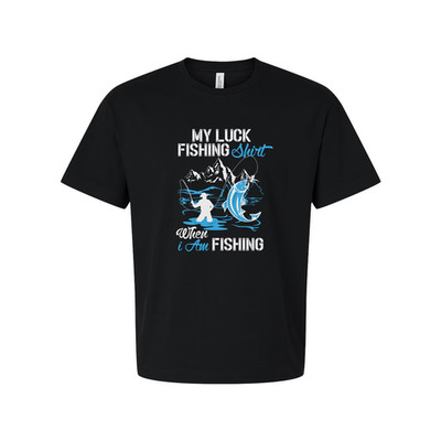 Unisex My Luck Fishing Graphic Tee With Mountain Scene And Angler Silhouette Des