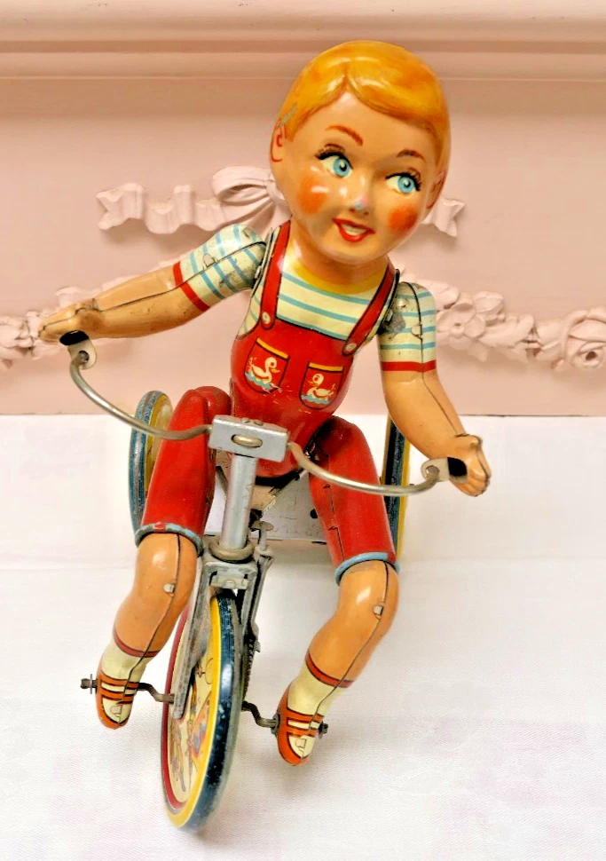 Vintage Blech Kiddy Radfahrer Aufziehspielzeug & Schlüssel! Junge auf dem Fahrrad/Trike! ~ Unique Art Co!