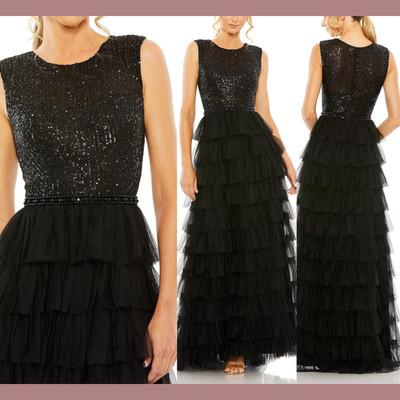 NWT $498 Mac Duggal [ 14 ] 27055 Ruffle Tiered Sequin High Neck Gown Black S1298