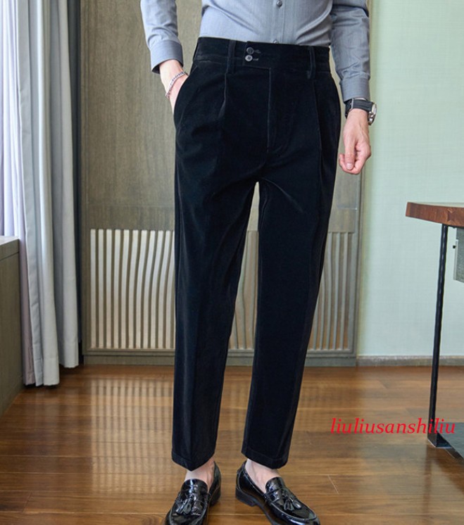 Men's Velvet Naples Suit Pants Elastic High Waist Formal Dress Casual Trousers