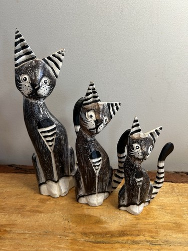 Cats, Set of 3, Wooden, Hand Carved And Hand Painted. Decor.