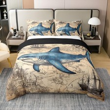 Nautical Sailboat Cotton Duvet Cover Set Twin Size Shark Marine Life Bedding ...