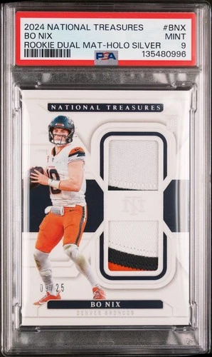 2024 National Treasures RC Dual Materials Bo Nix Silver /25 Broncos PSA 9 Mint!