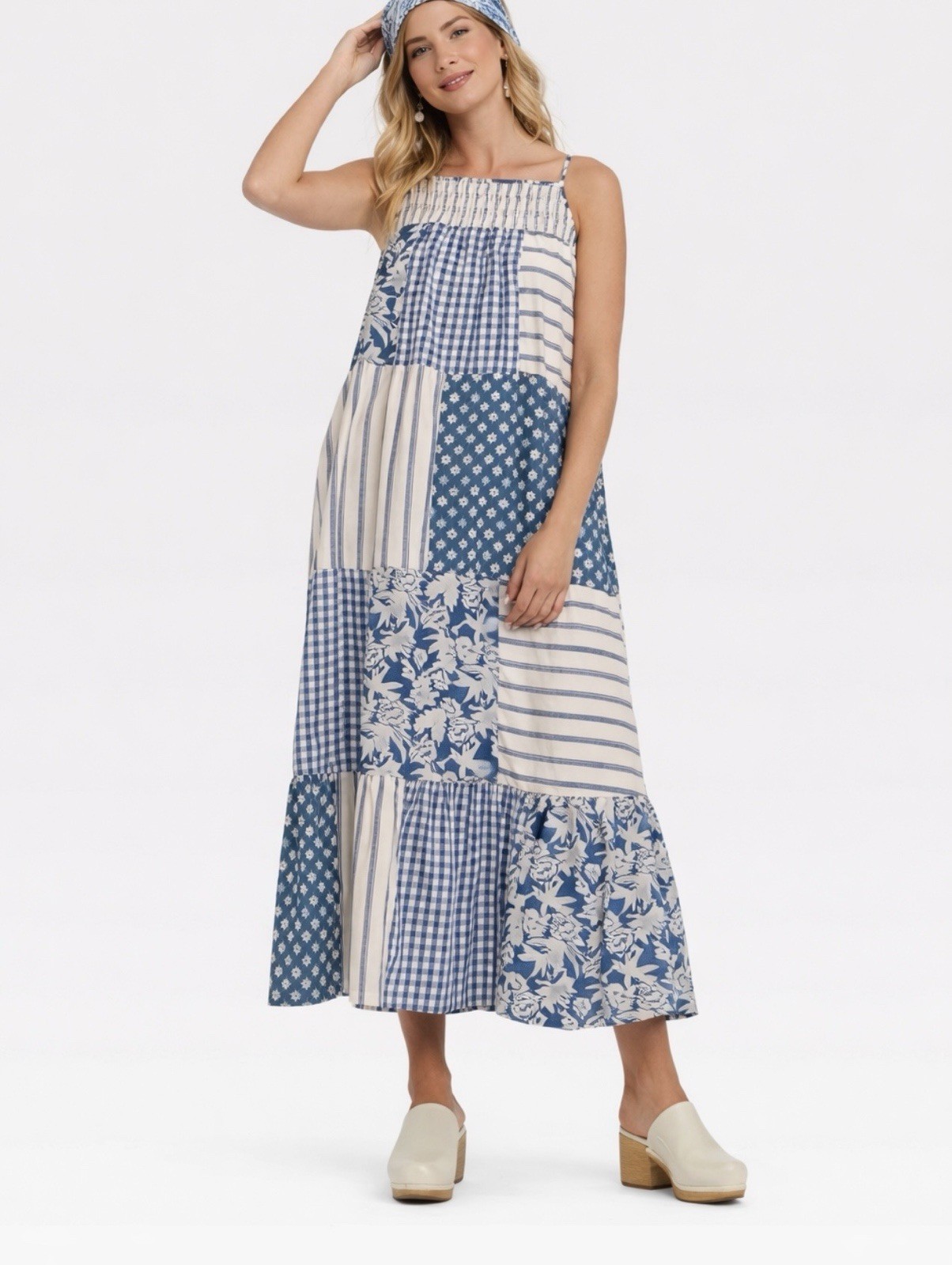 Universal Thread Womens Blue Patchwork Smocked Ma… - image 1