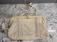 Vintage cream crochet fabric PURSE handbag CLUTCH plastic clasp Hong Kong