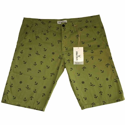 ALLEN SOLLY Green Anchor Print Chino Shorts Mens Size 36 NEW