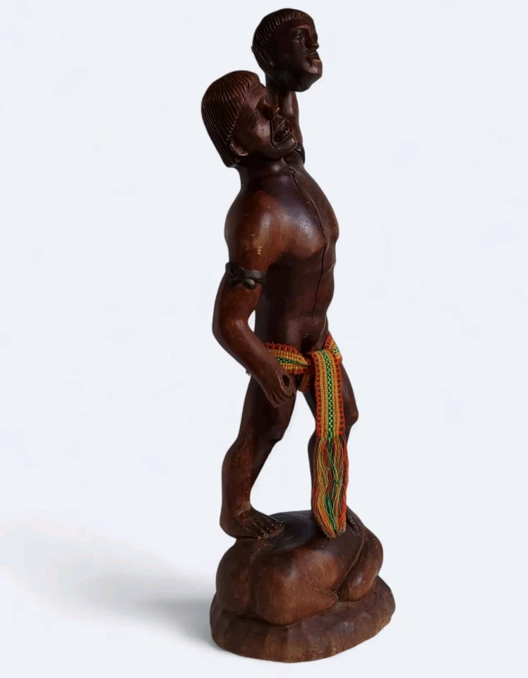 Escultura de cazador de cabezas tallada grande estatua de guerrero tribal de madera 26" de alto grietas Asia Foto 4 de 4