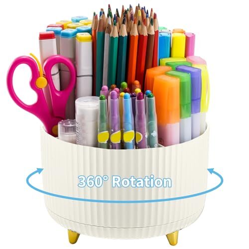 360-Degree Rotating Ivory Desk Organizer with Pen Holder