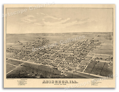 1874 Abingdon Illinois Vintage Old Panoramic City Map - 24x32