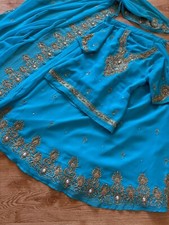 Lehenga Indisches Hochzeit Party Outfit Türkis Gold Stickerei Lehnga Choli Kleid