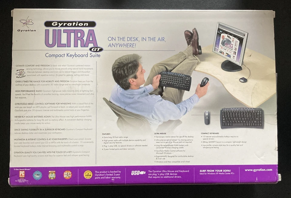 Gyration Ultra GT Cordless 30 Ft Wireless Optical Air Mouse and Keyboard Rare - Image 2 of 4