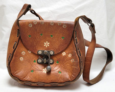 Vintage 1970s Hippie Mexican Hand Tooled Leather Purse Hand Painted Flowers