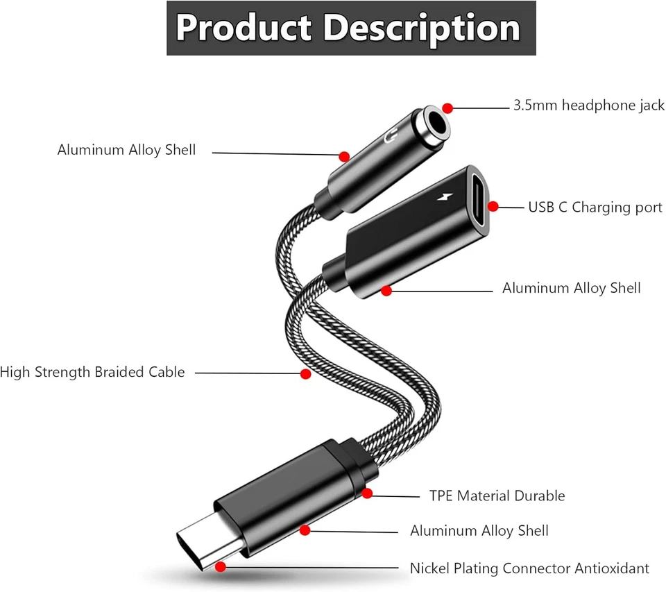 Adattatore per Cuffie USB C E Ricarica, 2 in 1 Adattatore Jack 3.5 Sdoppiatore C - Immagine 2 di 4