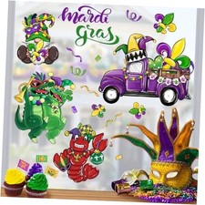 98 PCS Mardi Gras Window Clings 4 Sheets, Purple Fleur De Lis Gnome Lobster