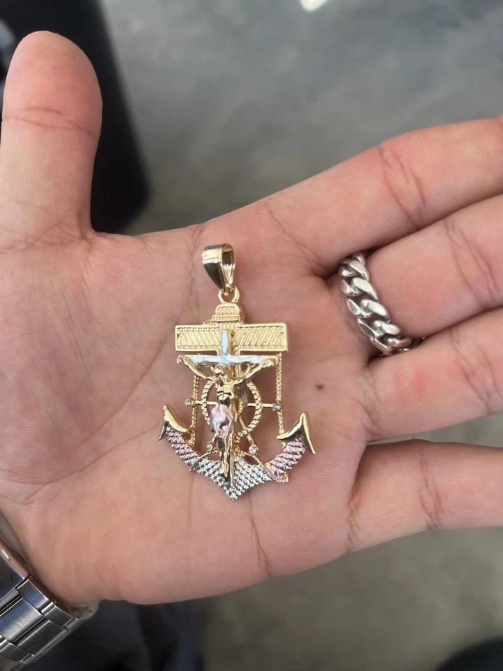 MEN's Stainless Steel Gold Plated Anchor JESUS Cross Charm Pendant*GP58 - Image 3 of 4