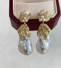 Handmade gorgeous south sea Baroque white pearl stud earring 925s Women Jewelry