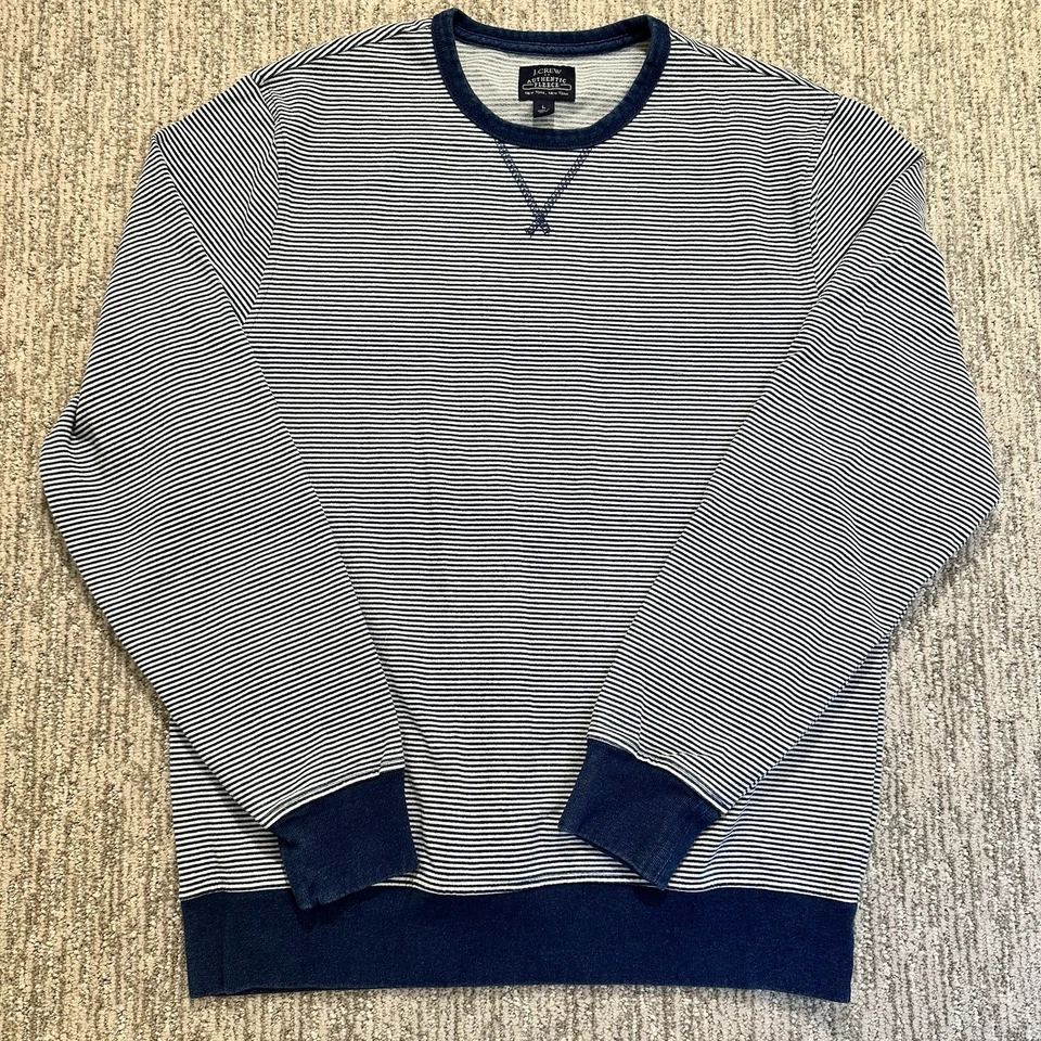 J Crew Sweatshirt Authentic Fleece Women's Large Blue & White Striped Stretch - Image 2 of 4