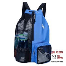 Mesh Swim Bag, Drawstring Beach Backpack Wet Pocket, Front Large Navy Blue