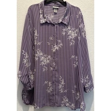 Catherines Purple Striped Floral Button Up Blouse 3X
