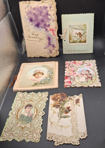 Antique Victorian Greeting Cards Lot of 6 Scrapbook Ephemera Art