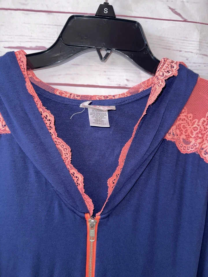 BEACH BUNNY Lounge Size M Lace Trim Full Zip Hoodie Navy Blue Pockets Stretch - Image 2 of 4