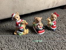 Vintage HOMCO Ceramic Christmas Teddy Bears Lot of 3 figurines Figures Sledding