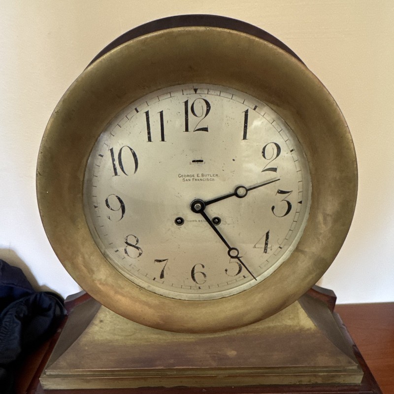 George E. Butler Brass Desk Clock Round Analog Face with Arabic Numerals Gold
